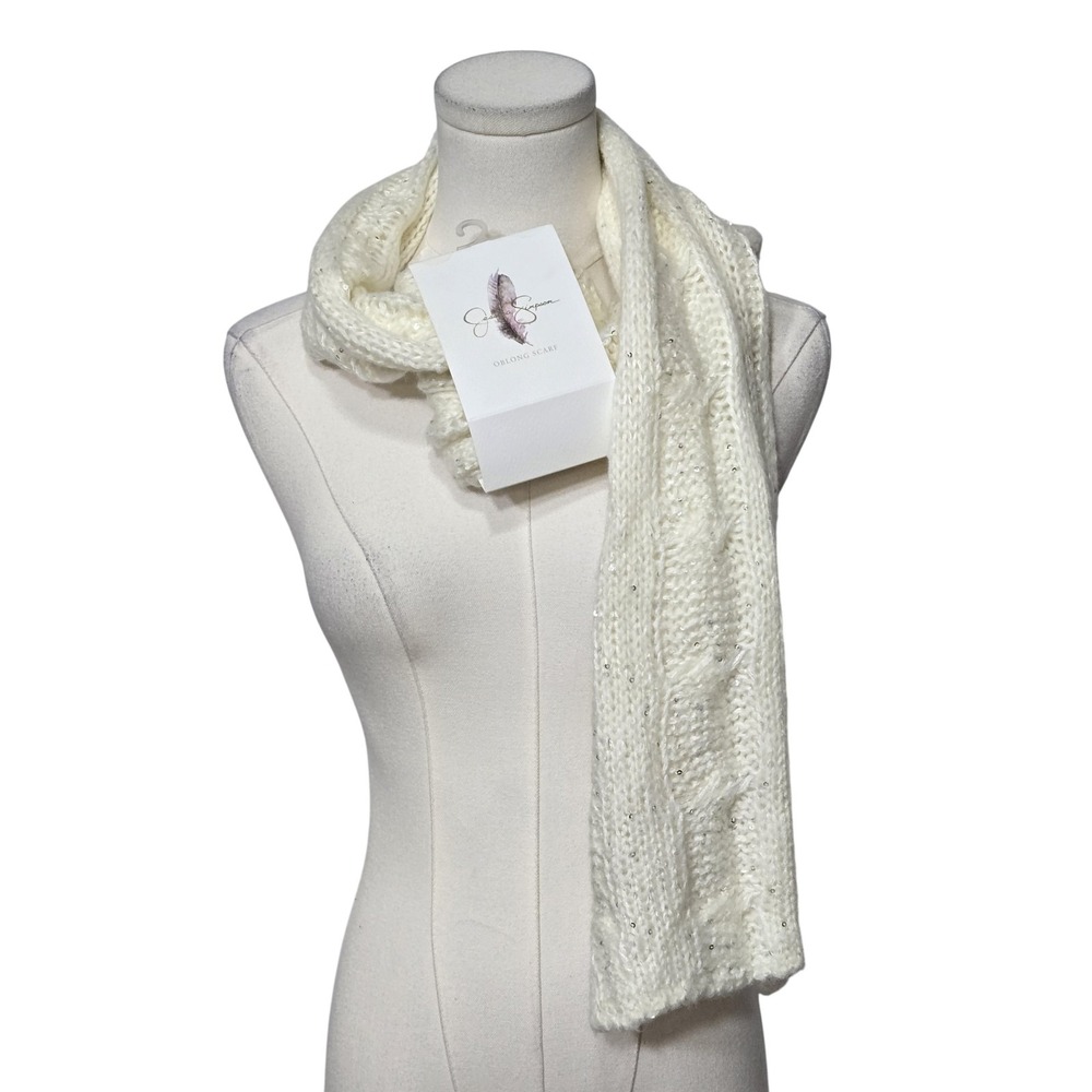 Jessica Simpson Scarf Womens One Size White Knit Oblong Sequin Winter Warm